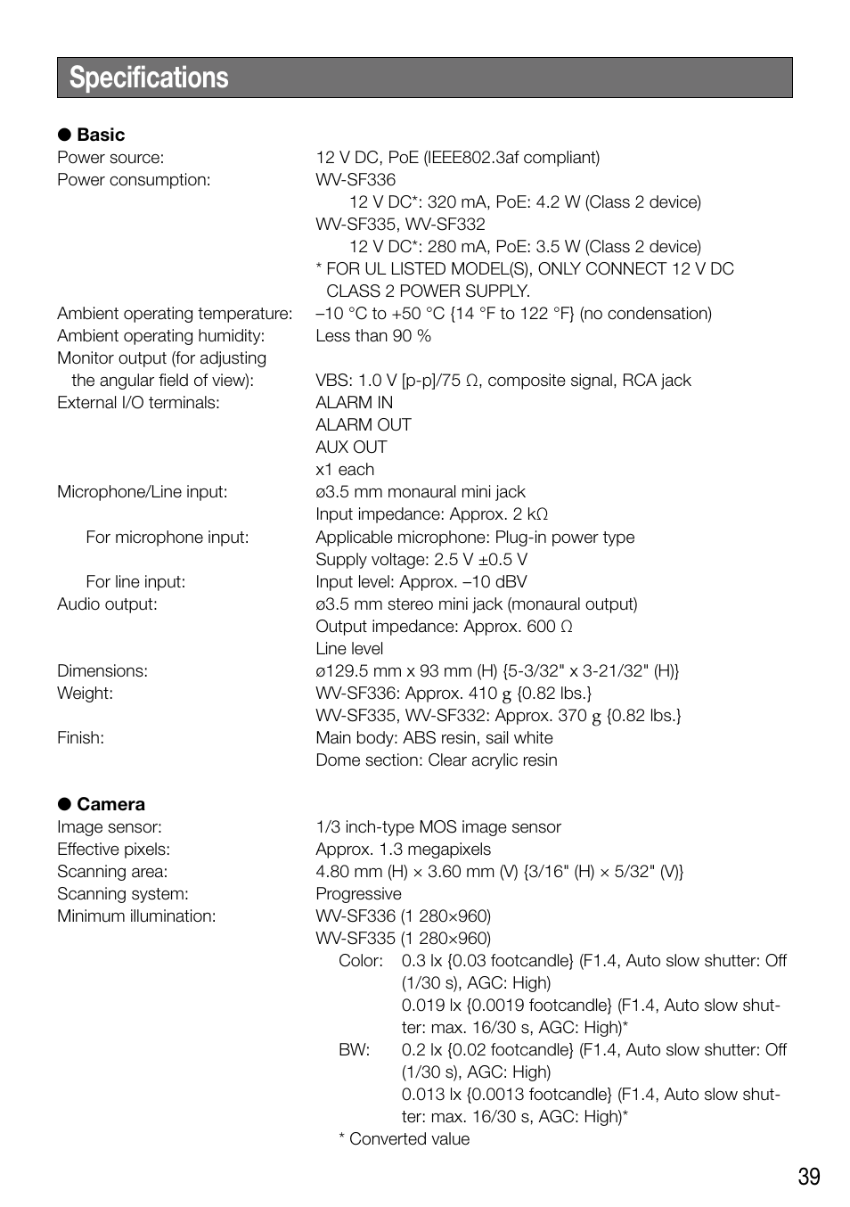 Specifications | Panasonic WV-SF336 User Manual | Page 39 / 44