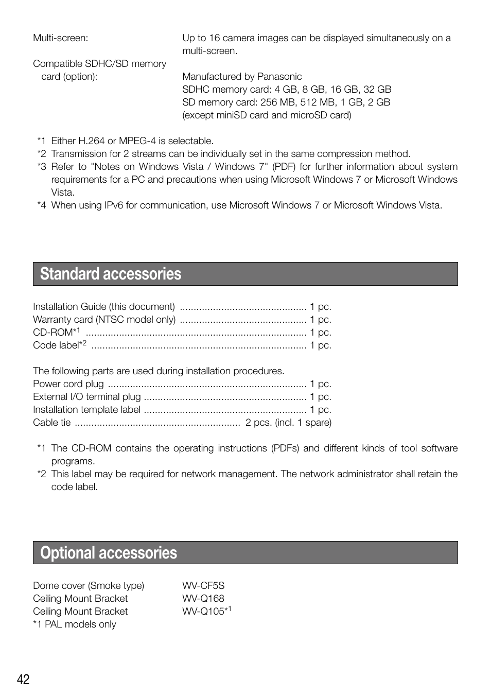 Standard accessories optional accessories | Panasonic WV-SF336 User Manual | Page 42 / 44