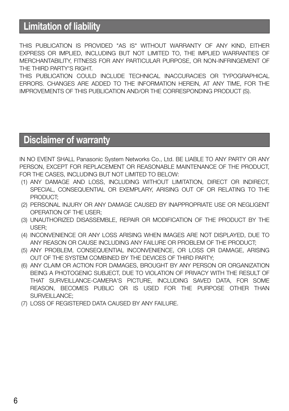 Limitation of liability, Disclaimer of warranty | Panasonic WV-SF336 User Manual | Page 6 / 44