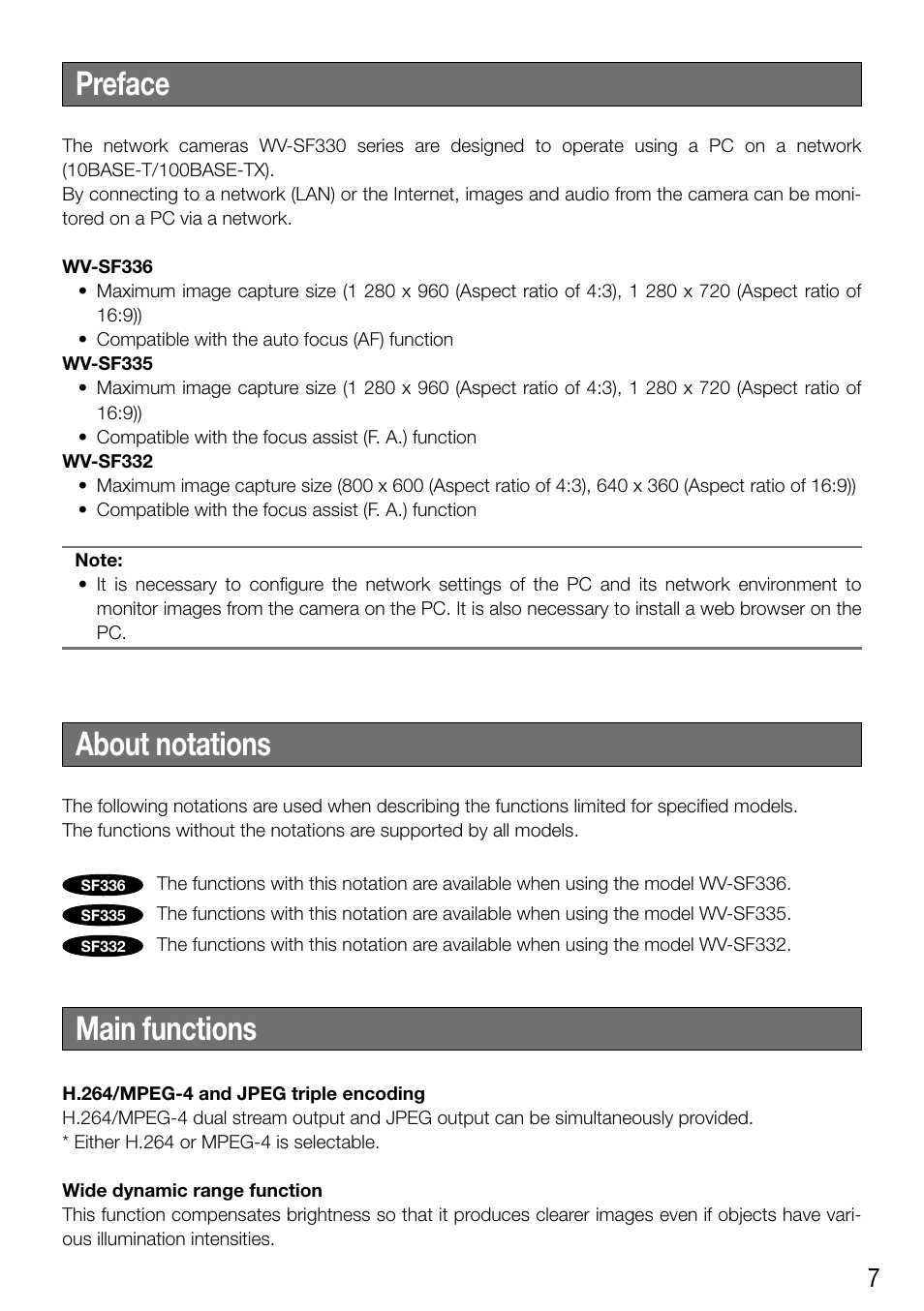 Preface about notations, Main functions | Panasonic WV-SF336 User Manual | Page 7 / 44