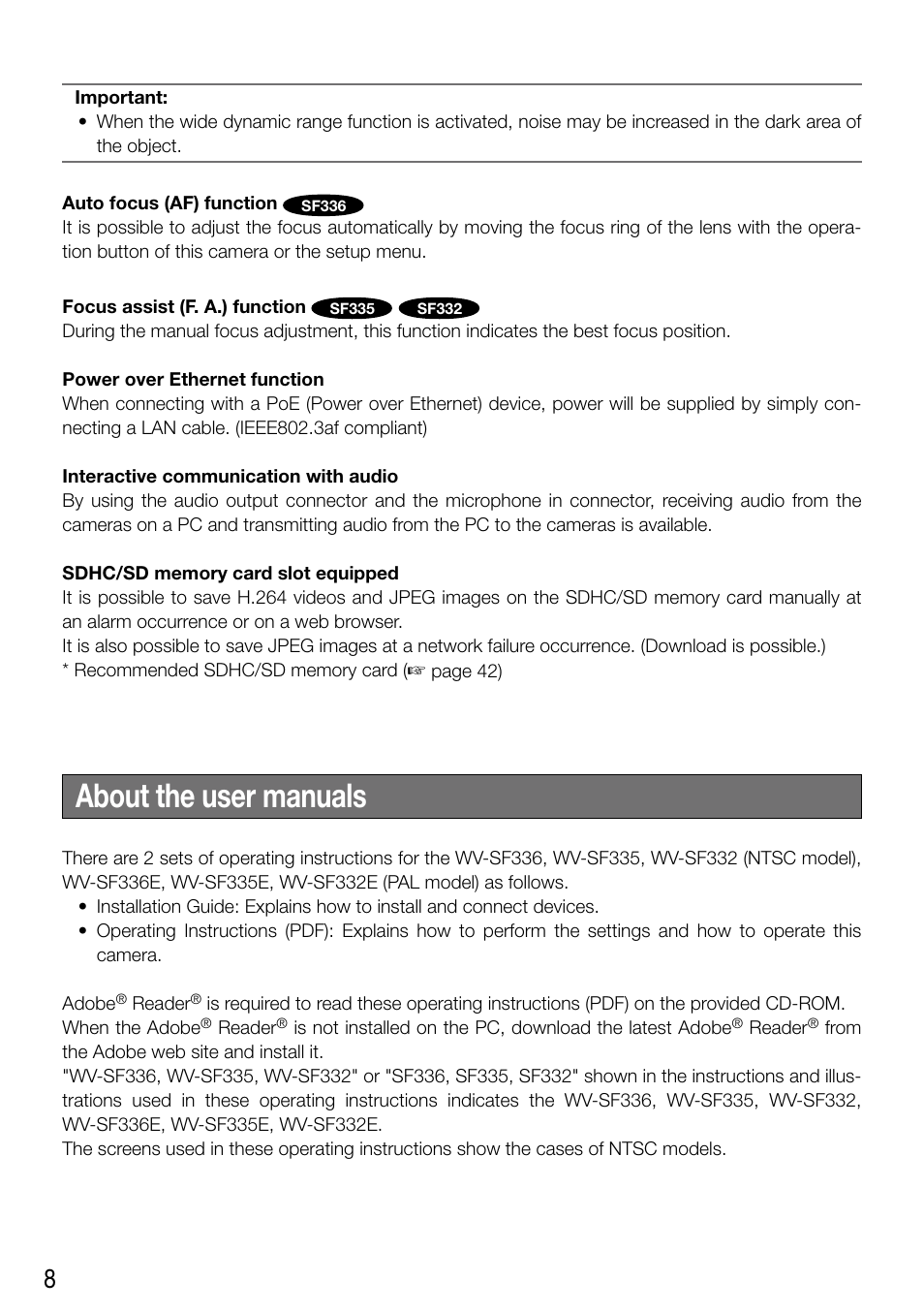 About the user manuals | Panasonic WV-SF336 User Manual | Page 8 / 44
