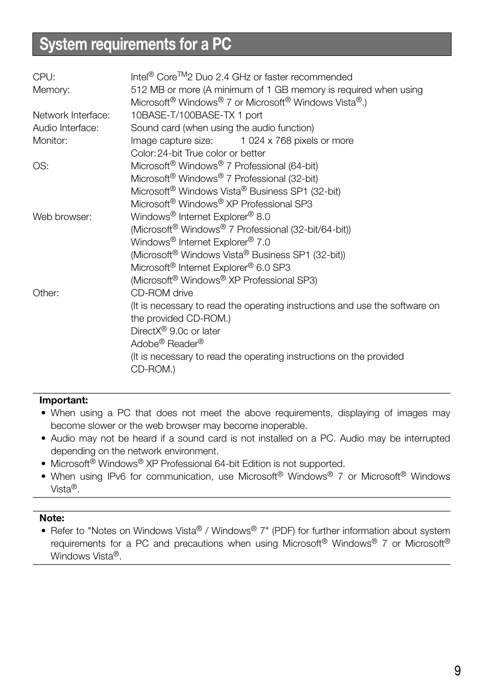 System requirements for a pc | Panasonic WV-SF336 User Manual | Page 9 / 44