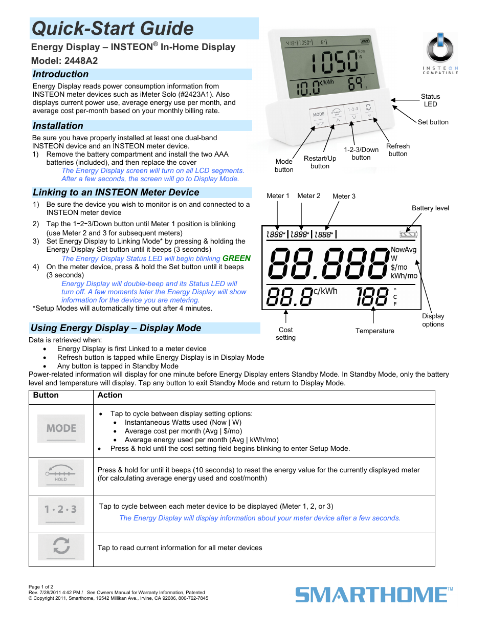 INSTEON Energy Display (2448A2) Quick Start User Manual | 2 pages