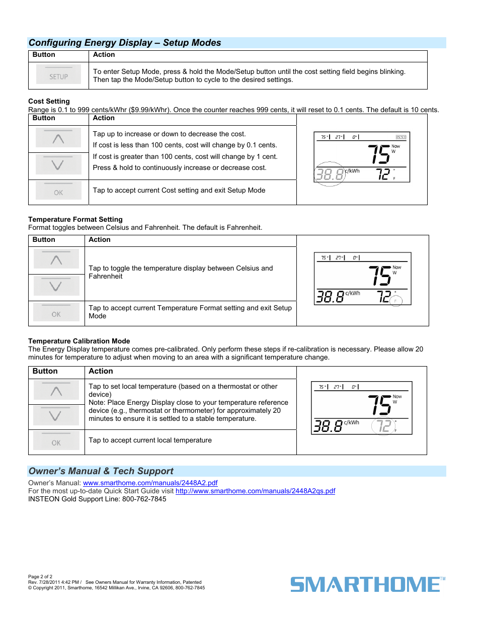 Configuring energy display – setup modes, Owner’s manual & tech support | INSTEON Energy Display (2448A2) Quick Start User Manual | Page 2 / 2