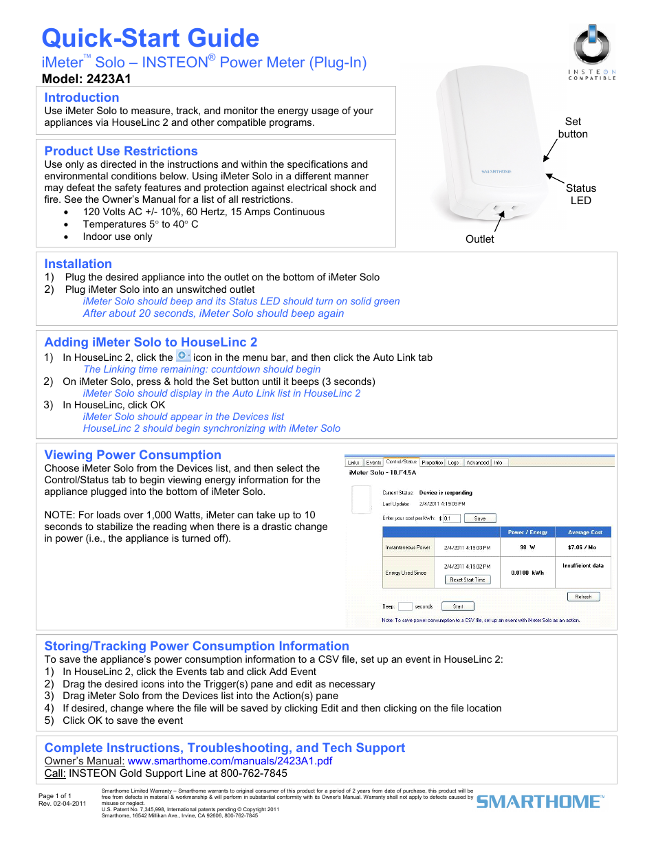 INSTEON iMeter Solo (2423A1) Quick Start User Manual | 1 page