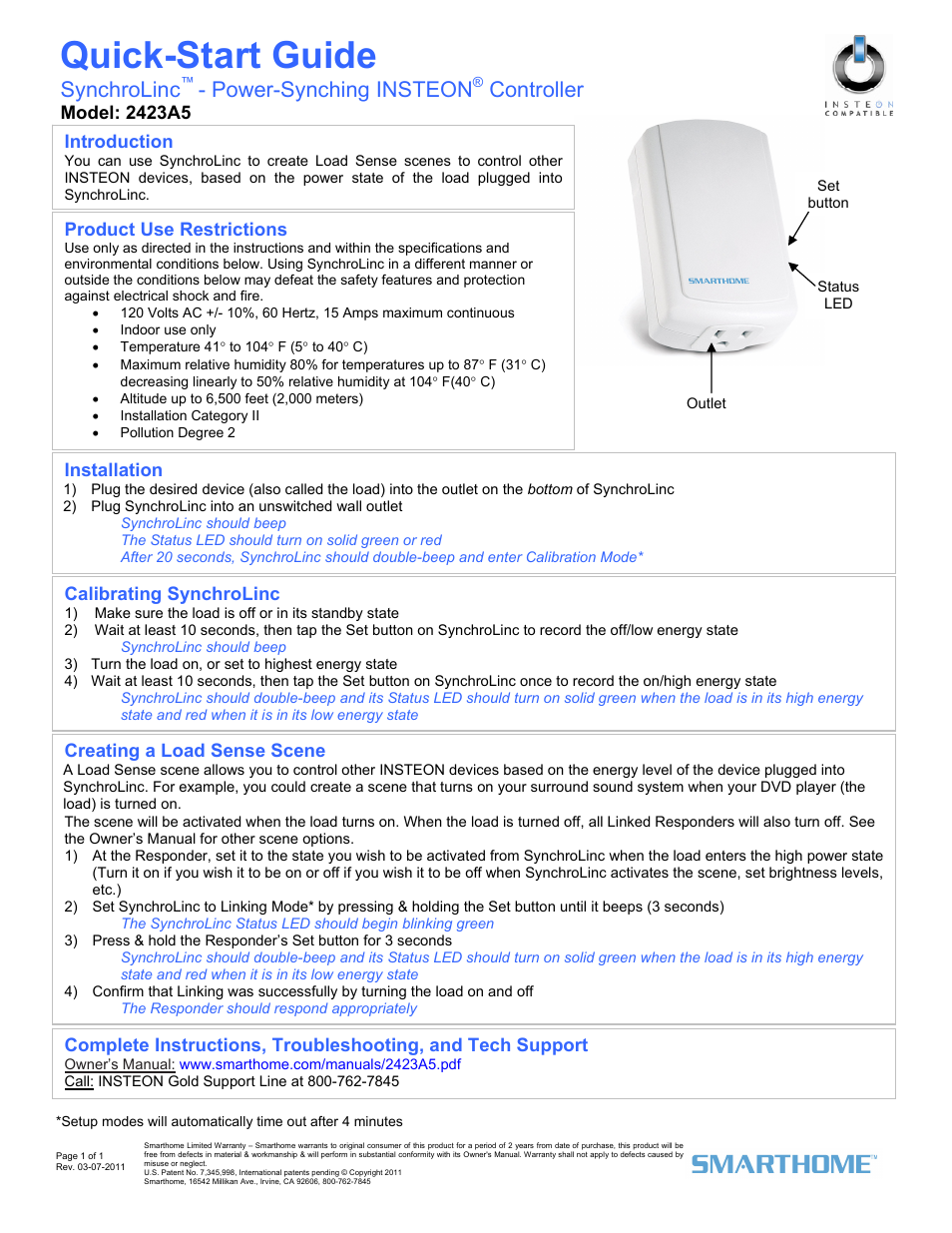 INSTEON SynchroLinc (2423A5) Quick Start User Manual | 1 page