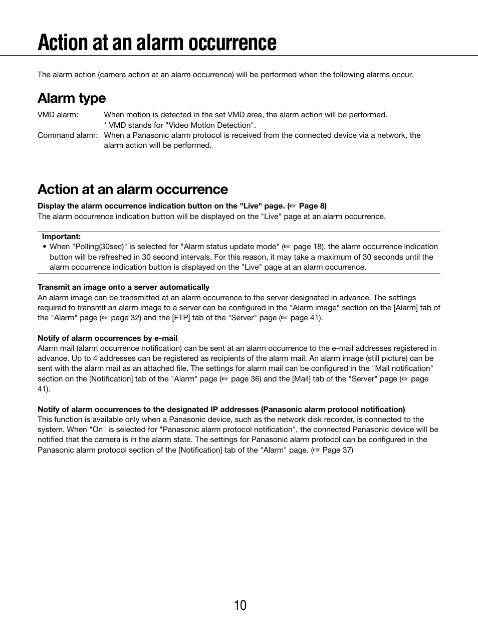 Action at an alarm occurrence, Alarm type | Panasonic WV-SP102 User Manual | Page 10 / 64