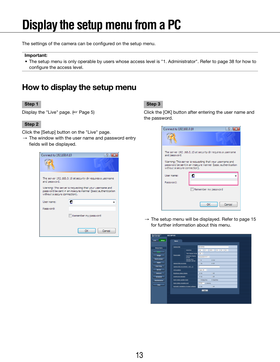 Display the setup menu from a pc, How to display the setup menu | Panasonic WV-SP102 User Manual | Page 13 / 64