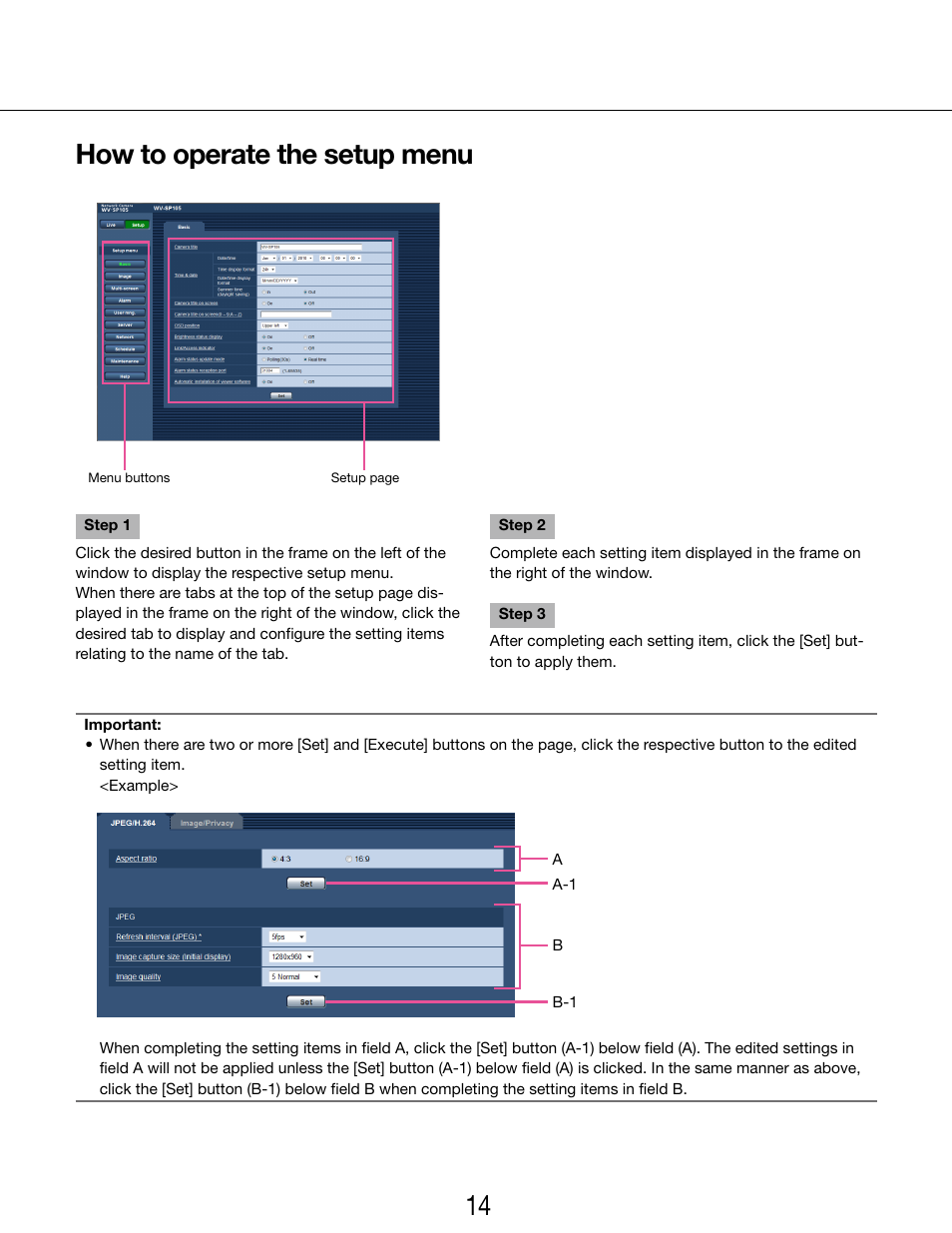 How to operate the setup menu | Panasonic WV-SP102 User Manual | Page 14 / 64