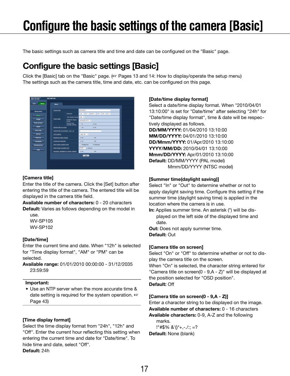 Configure the basic settings of the camera [basic, Configure the basic settings [basic | Panasonic WV-SP102 User Manual | Page 17 / 64