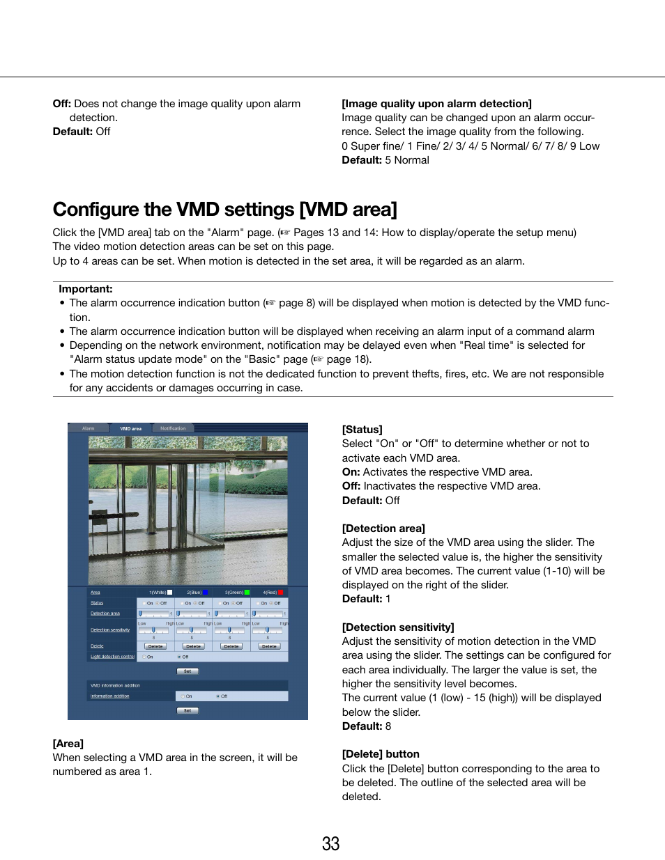 Configure the vmd settings [vmd area, 32 33 configure the vmd settings [vmd area | Panasonic WV-SP102 User Manual | Page 33 / 64