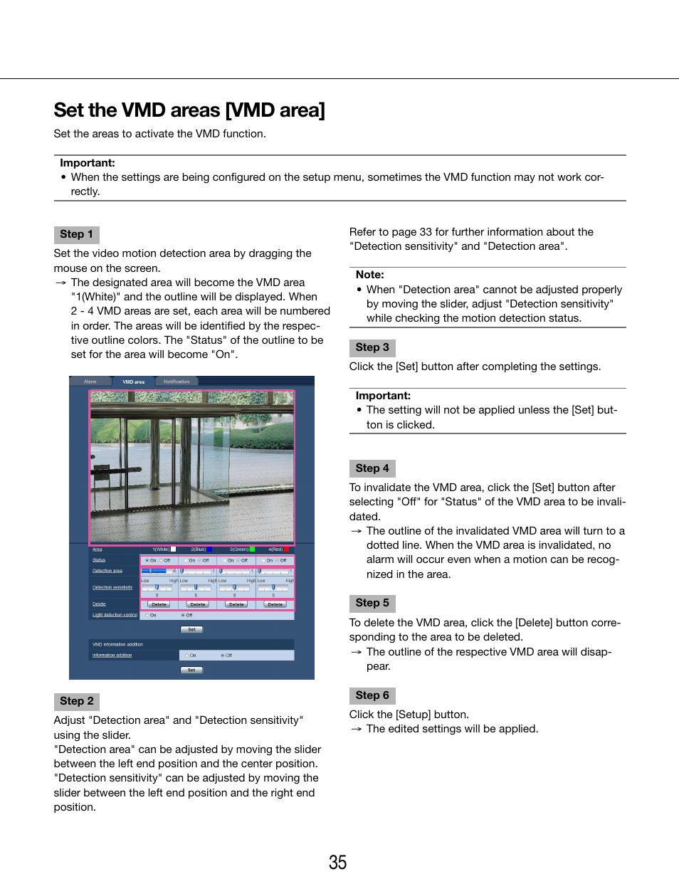 Set the vmd areas [vmd area | Panasonic WV-SP102 User Manual | Page 35 / 64