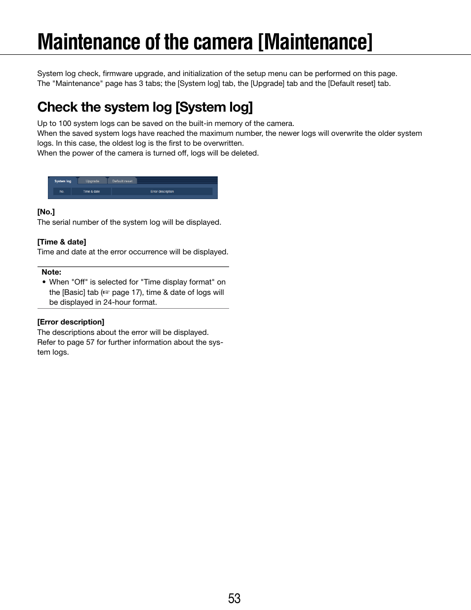 Maintenance of the camera [maintenance, Check the system log [system log | Panasonic WV-SP102 User Manual | Page 53 / 64