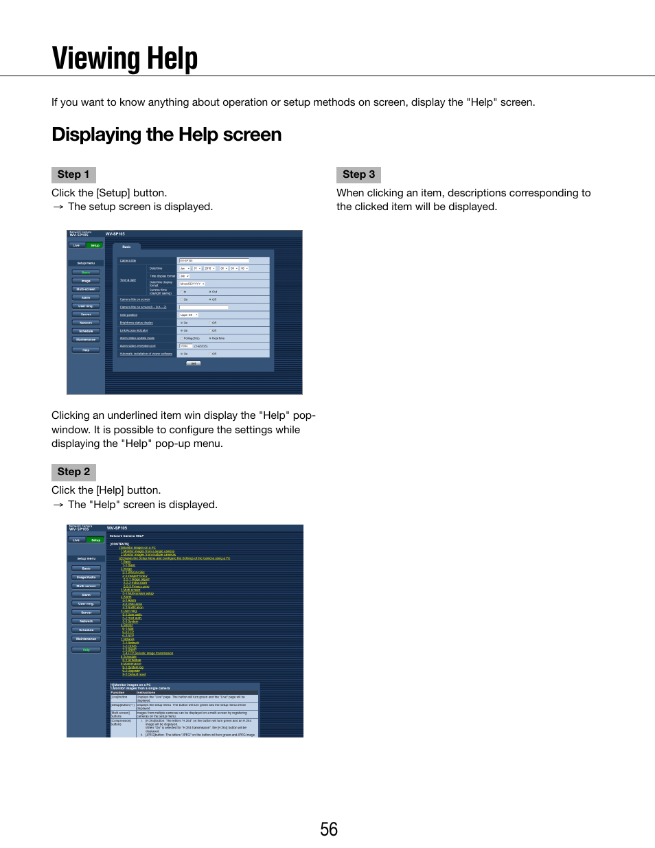Viewing help, Displaying the help screen | Panasonic WV-SP102 User Manual | Page 56 / 64