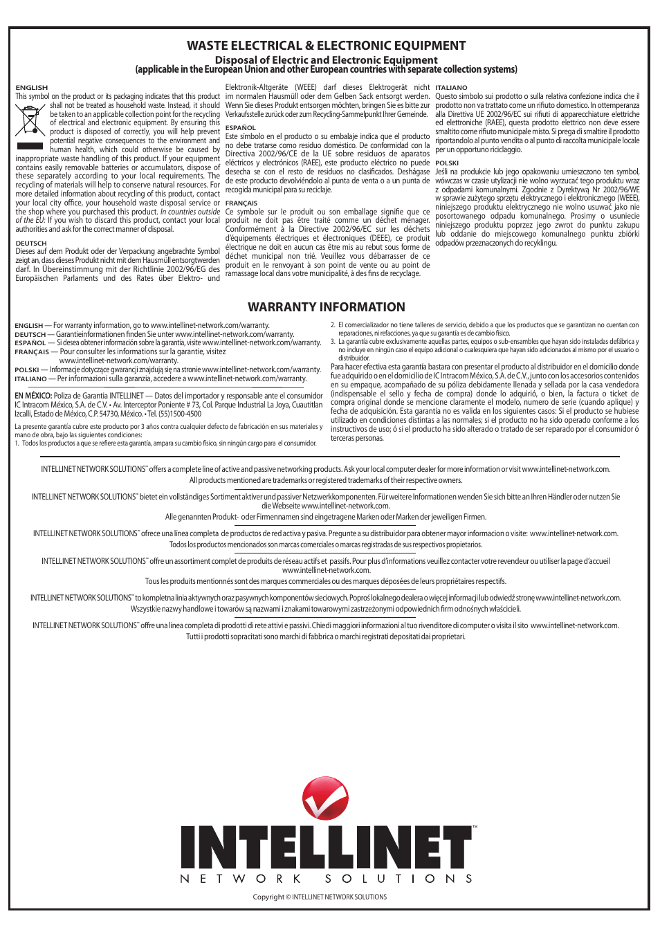 Waste electrical & electronic equipment, Warranty information | INTELLINET NETWORK 521413 High-Gain Omni-Directional Antenna User Manual | Page 2 / 2