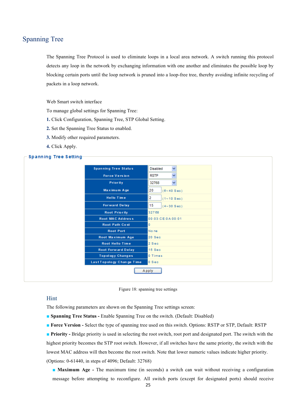 Spanning tree, Hint | INTELLINET NETWORK 560559 16 Ports Gigabit + 2 Gigabit SFP PoE+ Web Management Ethernet Switch User Manual User Manual | Page 25 / 58