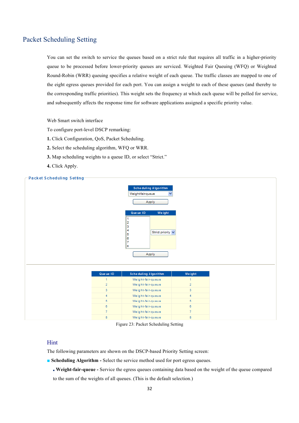 Packet scheduling setting, Hint | INTELLINET NETWORK 560559 16 Ports Gigabit + 2 Gigabit SFP PoE+ Web Management Ethernet Switch User Manual User Manual | Page 32 / 58
