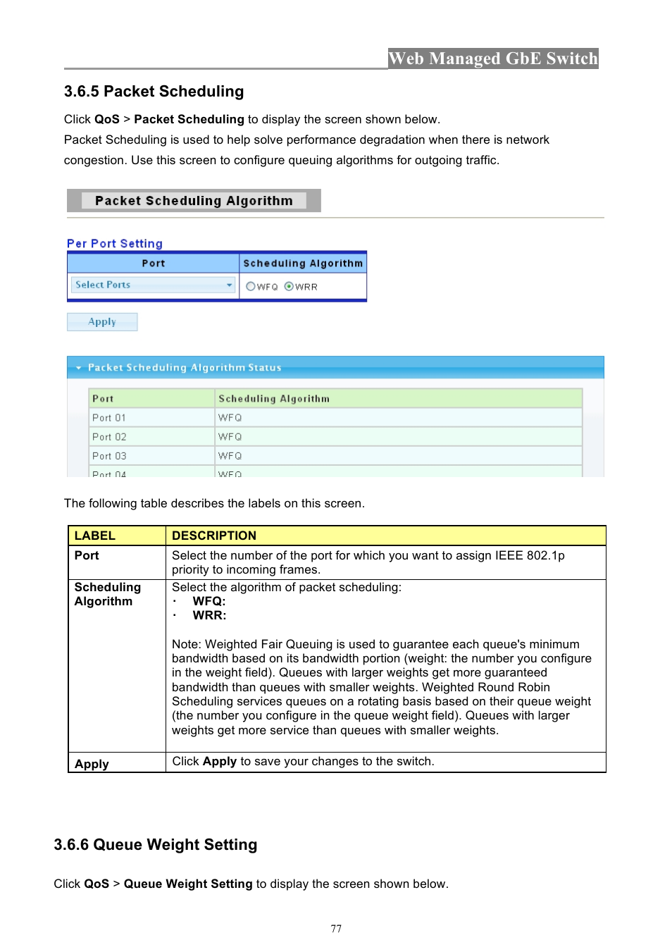 Web managed gbe switch, 5 packet scheduling, 6 queue weight setting | INTELLINET NETWORK 560801 24-Port Gigabit Managed Switch + 4 SFP Ports User Manual User Manual | Page 77 / 96