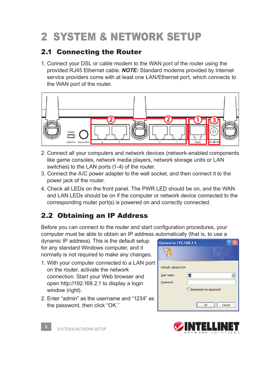 2 system & network setup, 1 connecting the router, 2 obtaining an ip address | INTELLINET NETWORK 524988 User Manual User Manual | Page 6 / 72