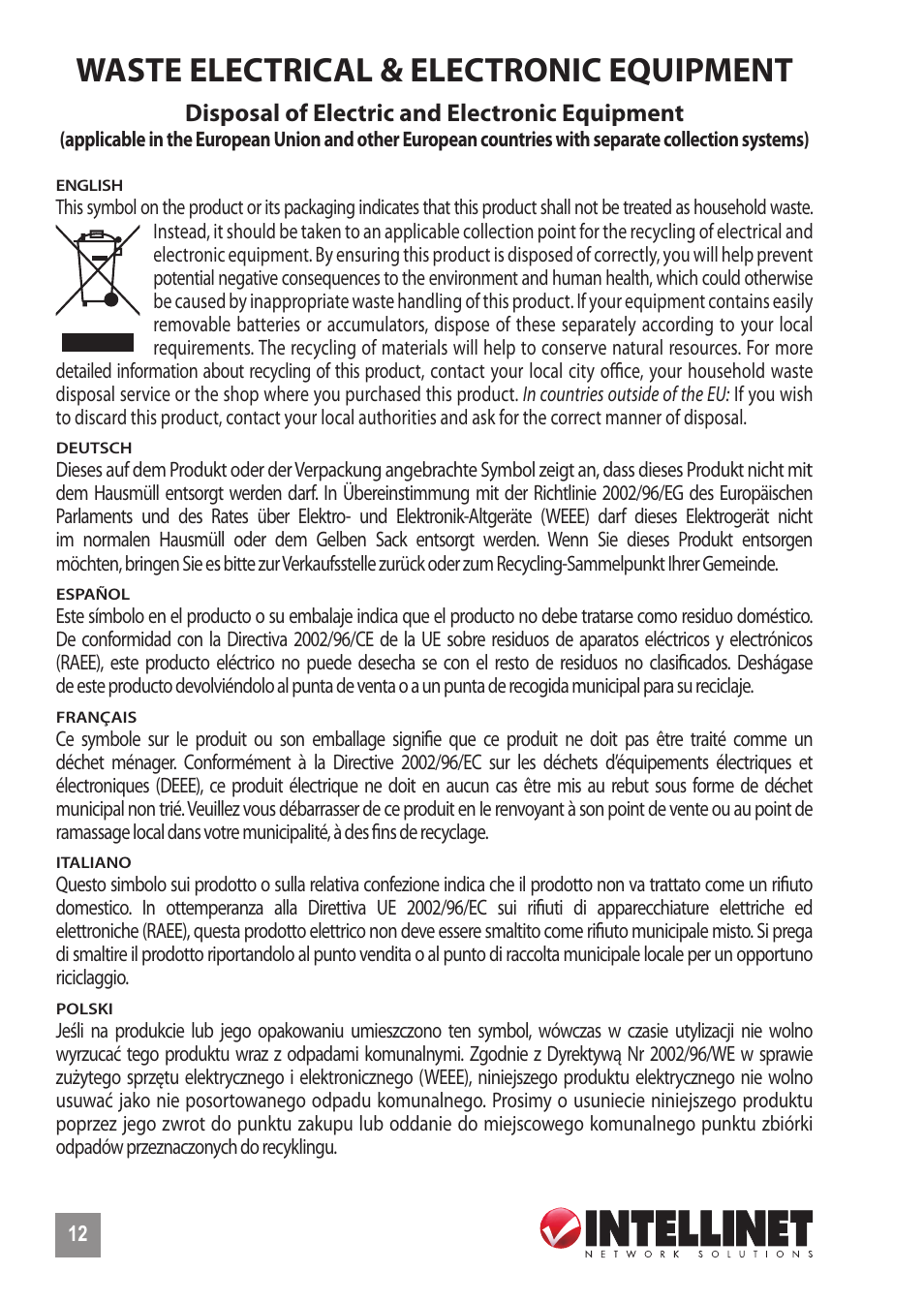 Waste electrical & electronic equipment | INTELLINET NETWORK 524681 Quick Install Guide User Manual | Page 12 / 16