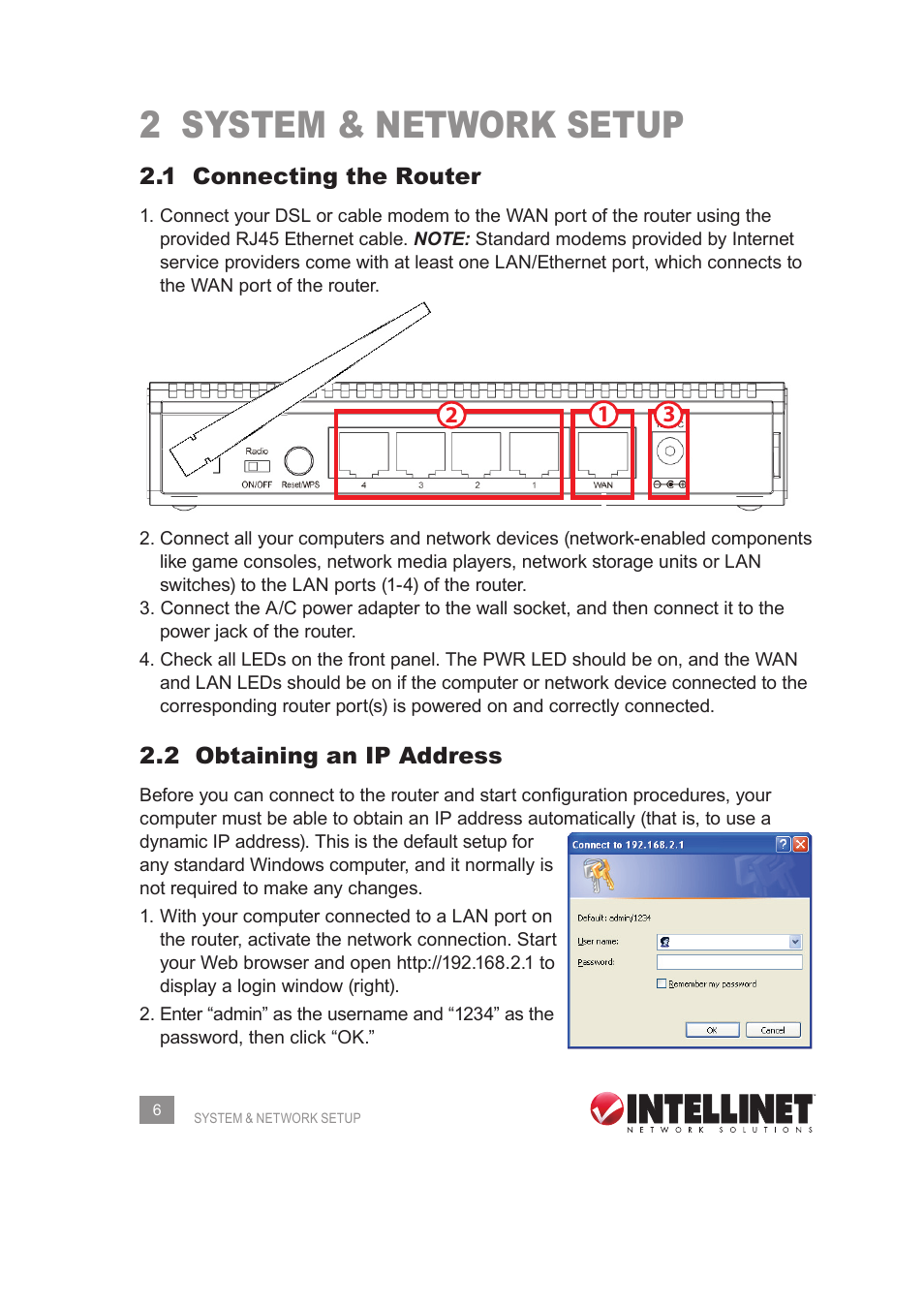 2 system & network setup, 1 connecting the router, 2 obtaining an ip address | INTELLINET NETWORK 524445 User Manual User Manual | Page 6 / 70