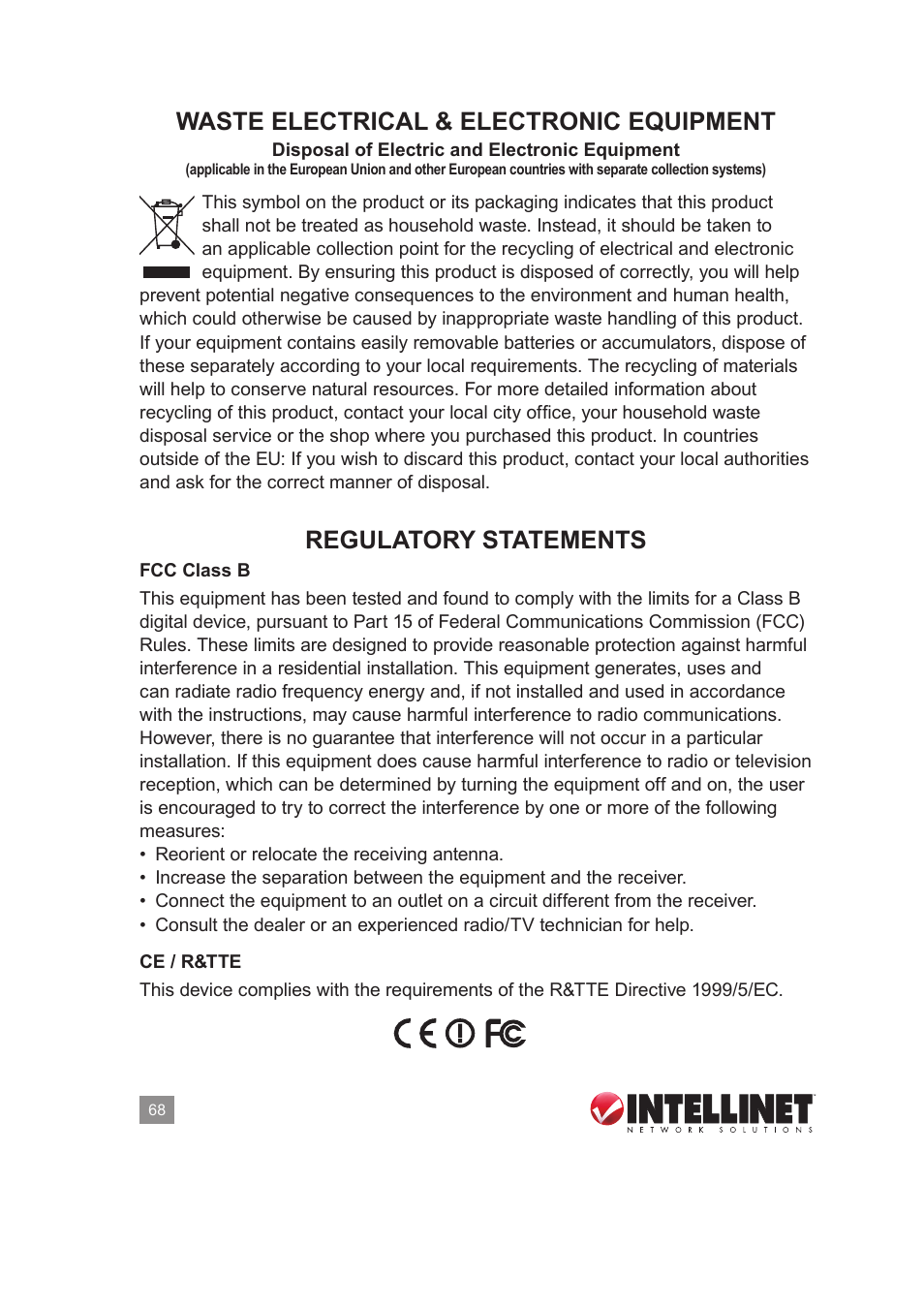 Waste electrical & electronic equipment, Regulatory statements | INTELLINET NETWORK 524445 User Manual User Manual | Page 68 / 70