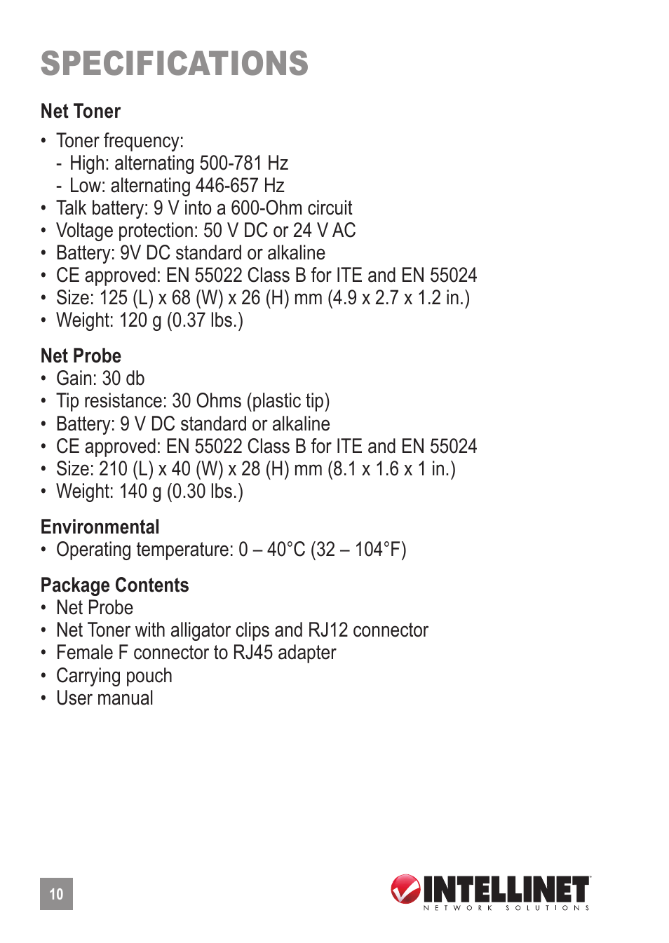 Specifications | INTELLINET NETWORK 515566 Net Toner and Probe Kit User Manual | Page 10 / 12