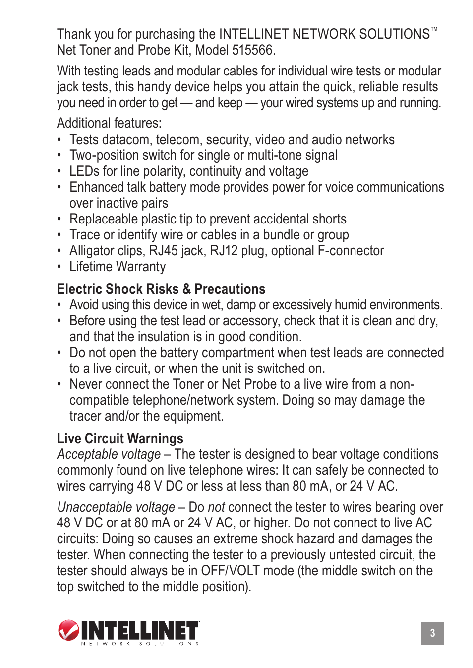 INTELLINET NETWORK 515566 Net Toner and Probe Kit User Manual | Page 3 / 12