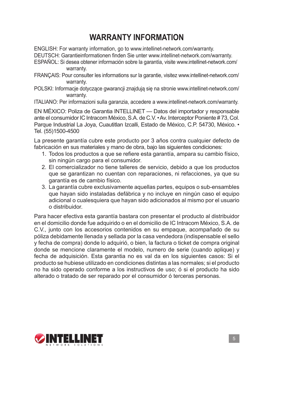 Warranty information | INTELLINET NETWORK 351898 Multifunction Cable Tester User Manual User Manual | Page 5 / 7