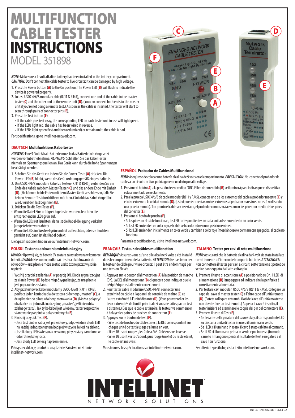 INTELLINET NETWORK 351898 Multifunction Cable Tester Quick Install Guide User Manual | 2 pages