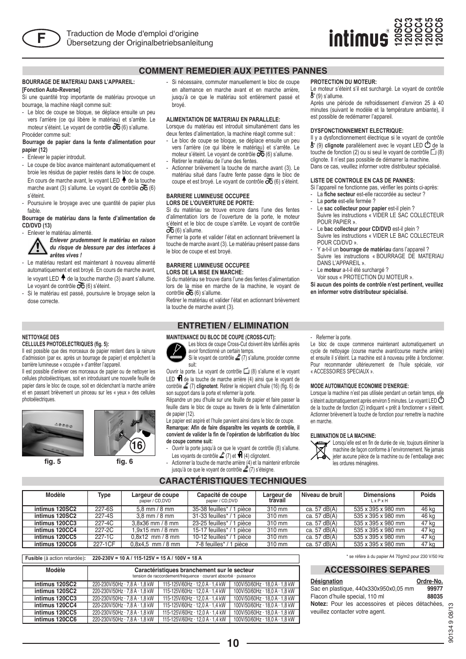 Caractéristiques techniques accessoires separes | intimus 120 CC4 User Manual | Page 10 / 56