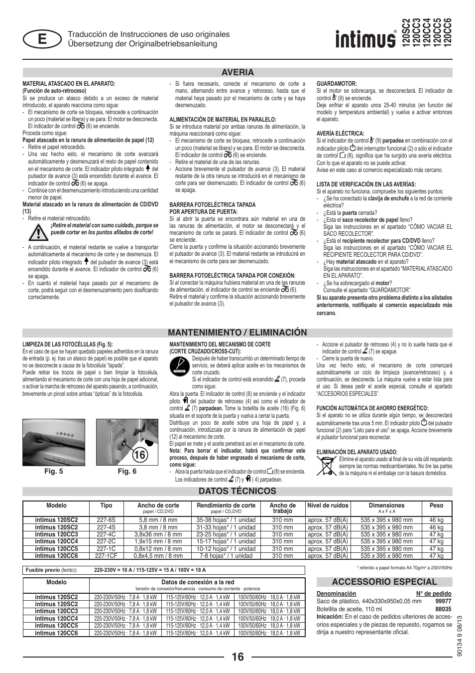 Datos técnicos accessorio especial, Mantenimiento / eliminación averia | intimus 120 CC4 User Manual | Page 16 / 56