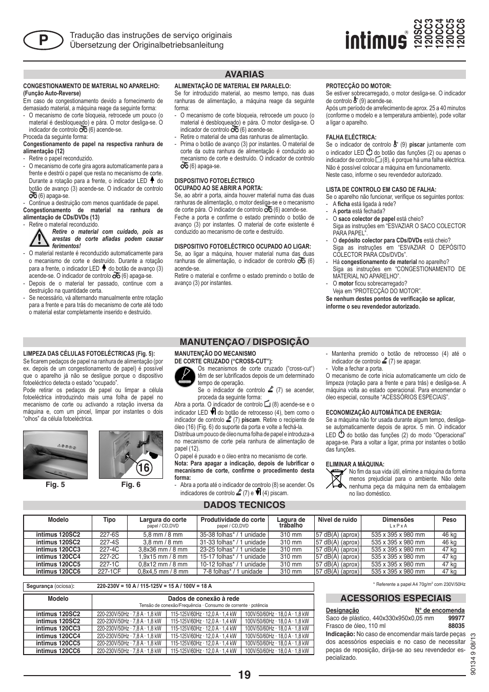 Dados tecnicos acessorios especiais, Manutençao / disposição avarias | intimus 120 CC4 User Manual | Page 19 / 56