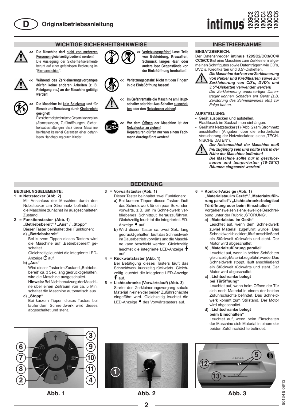 Abb. 1 abb. 2 abb. 3 originalbetriebsanleitung, Wichtige sicherheitshinweise, Bedienung inbetriebnahme | intimus 120 CC4 User Manual | Page 2 / 56