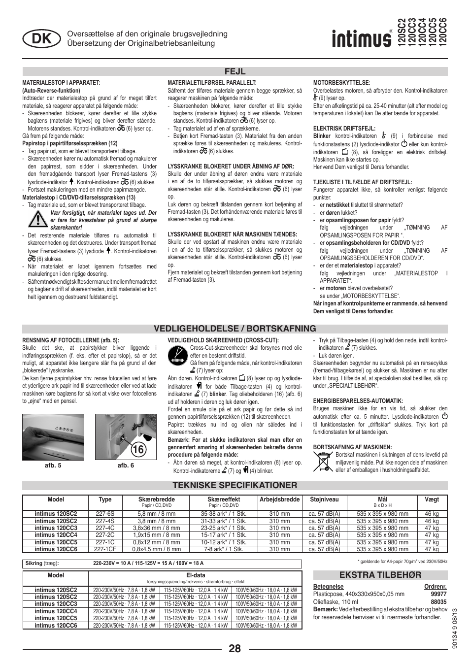 Tekniske specifikationer ekstra tilbehør, Vedligeholdelse / bortskafning fejl | intimus 120 CC4 User Manual | Page 28 / 56