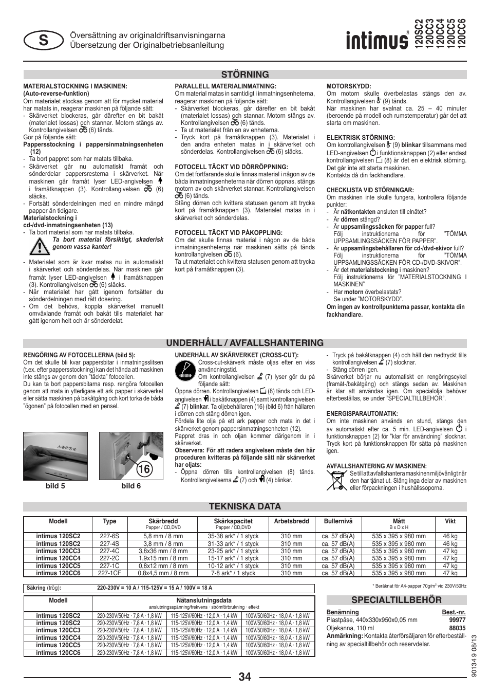 Tekniska data specialtillbehör, Underhåll / avfallshantering störning | intimus 120 CC4 User Manual | Page 34 / 56