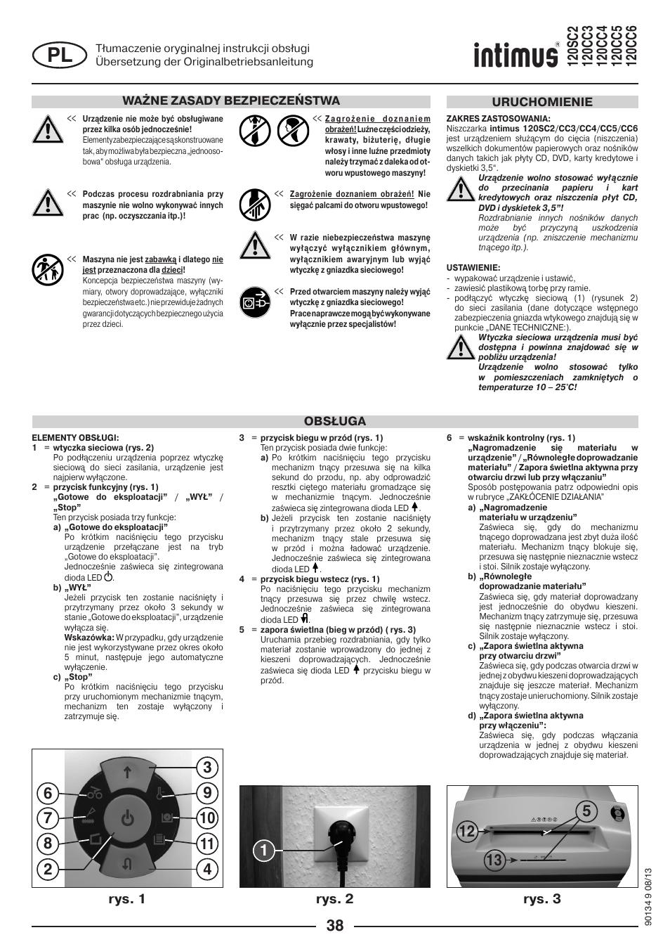 Rys. 1 rys. 2 rys. 3, Ważne zasady bezpieczeństwa, Obsługa uruchomienie | intimus 120 CC4 User Manual | Page 38 / 56