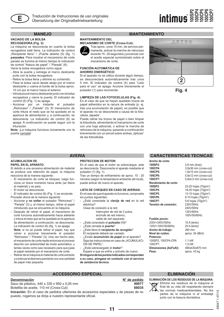 Fig. 4, Mantenimiento accessorio especial averia, Caracteristicas tecnicas eliminación | Manejo | intimus 100 CP7 User Manual | Page 11 / 36