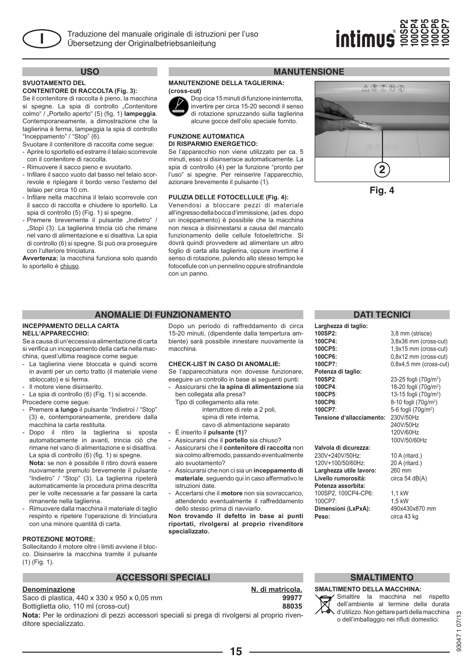 Fig. 4, Dati tecnici smaltimento | intimus 100 CP7 User Manual | Page 15 / 36