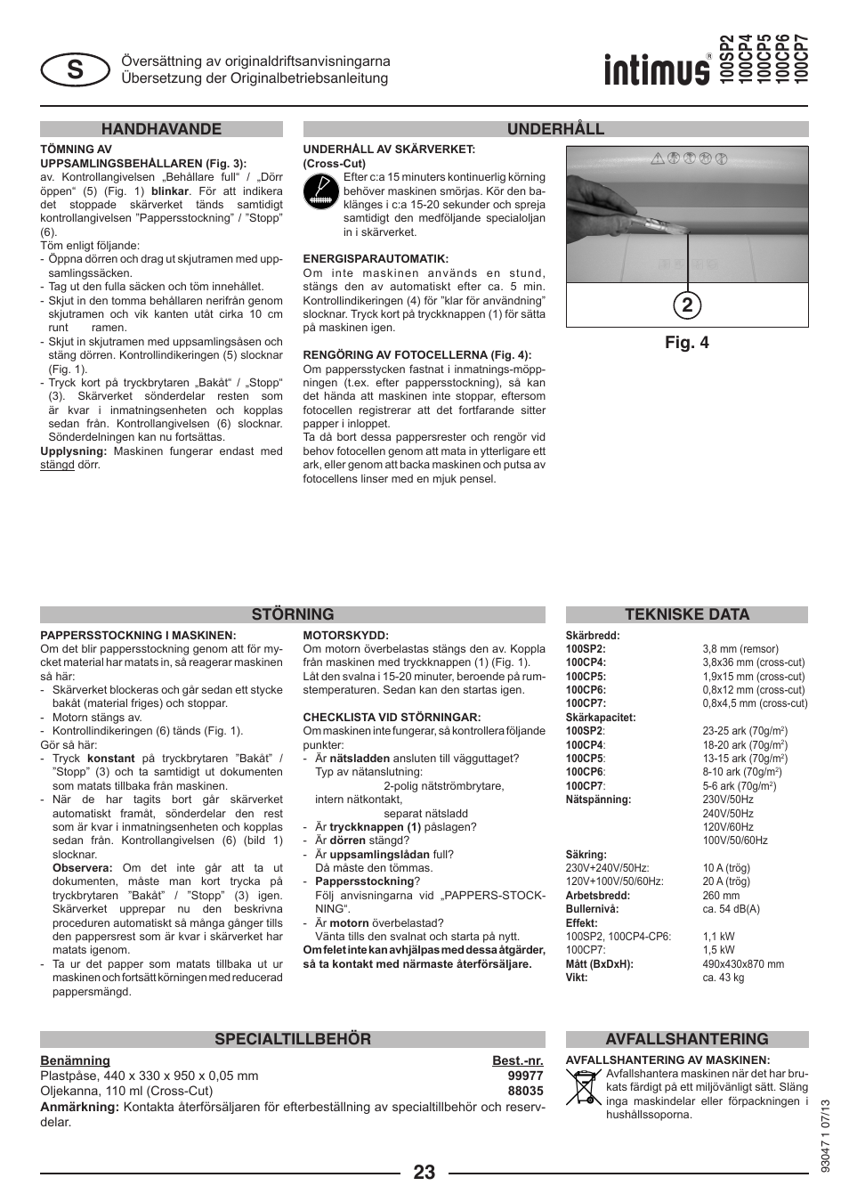 Fig. 4, Underhåll störning specialtillbehör, Tekniske data avfallshantering | Handhavande | intimus 100 CP7 User Manual | Page 23 / 36