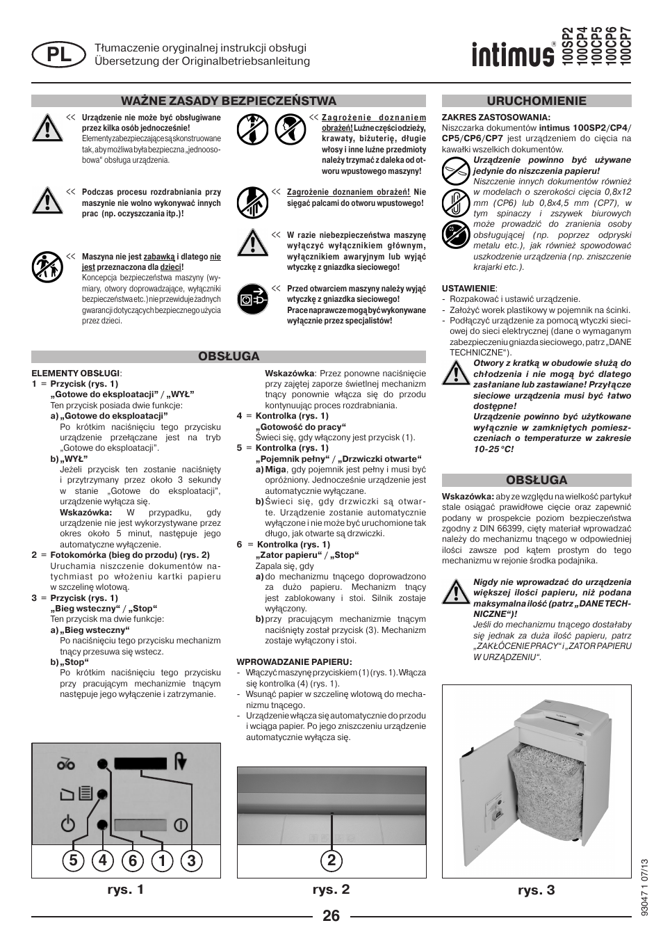 Rys. 1 rys. 2 rys. 3, Ważne zasady bezpieczeństwa, Obsługa | Obsługa uruchomienie | intimus 100 CP7 User Manual | Page 26 / 36