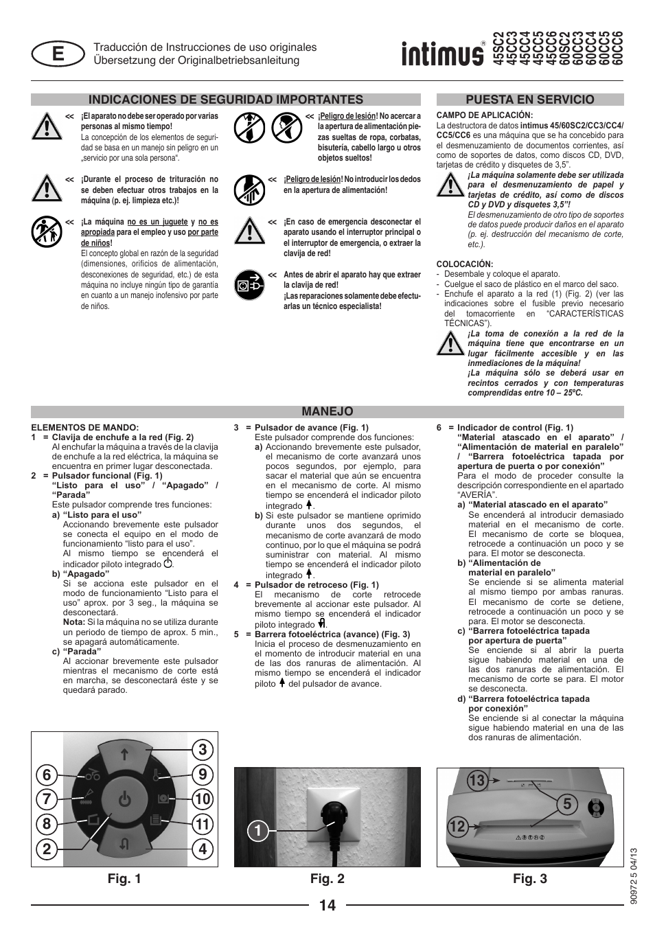 Fig. 1, Fig. 2, Fig. 3 | Indicaciones de seguridad importantes, Manejo puesta en servicio | intimus 45 CC4 User Manual | Page 14 / 56