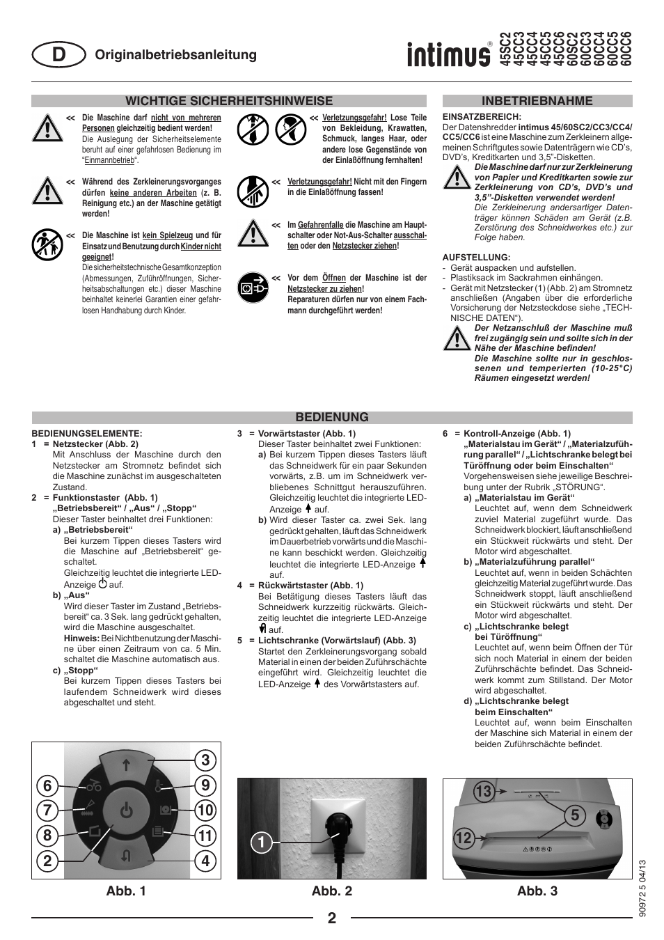 Abb. 1 abb. 2 abb. 3 originalbetriebsanleitung, Wichtige sicherheitshinweise, Bedienung inbetriebnahme | intimus 45 CC4 User Manual | Page 2 / 56