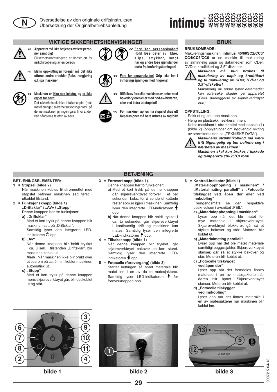 Bilde 1 bilde 2 bilde 3, Viktige sikkerhetshenvisninger, Betjening bruk | intimus 45 CC4 User Manual | Page 29 / 56