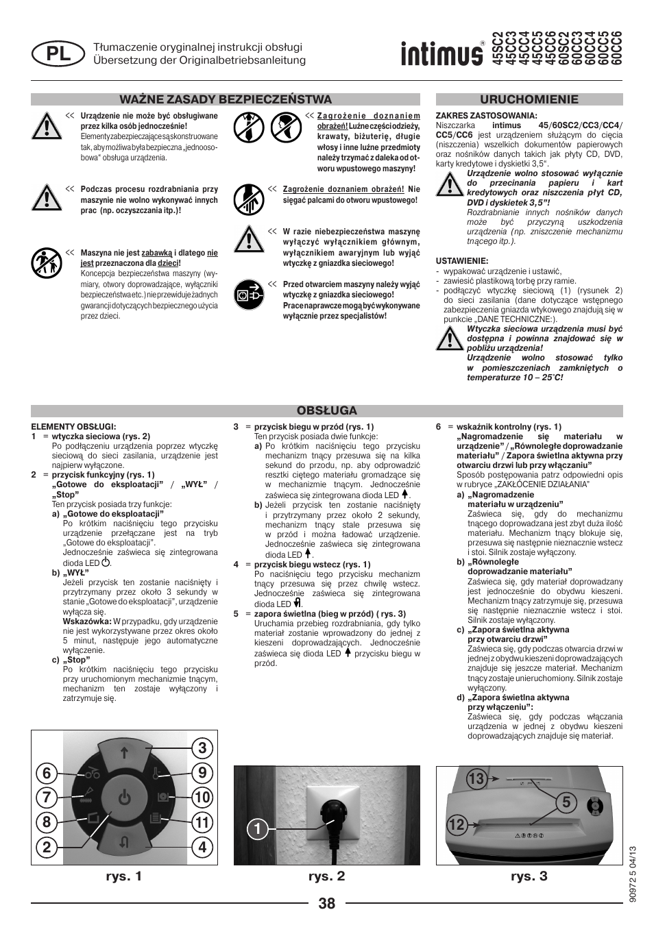 Rys. 1 rys. 2 rys. 3, Ważne zasady bezpieczeństwa, Obsługa uruchomienie | intimus 45 CC4 User Manual | Page 38 / 56