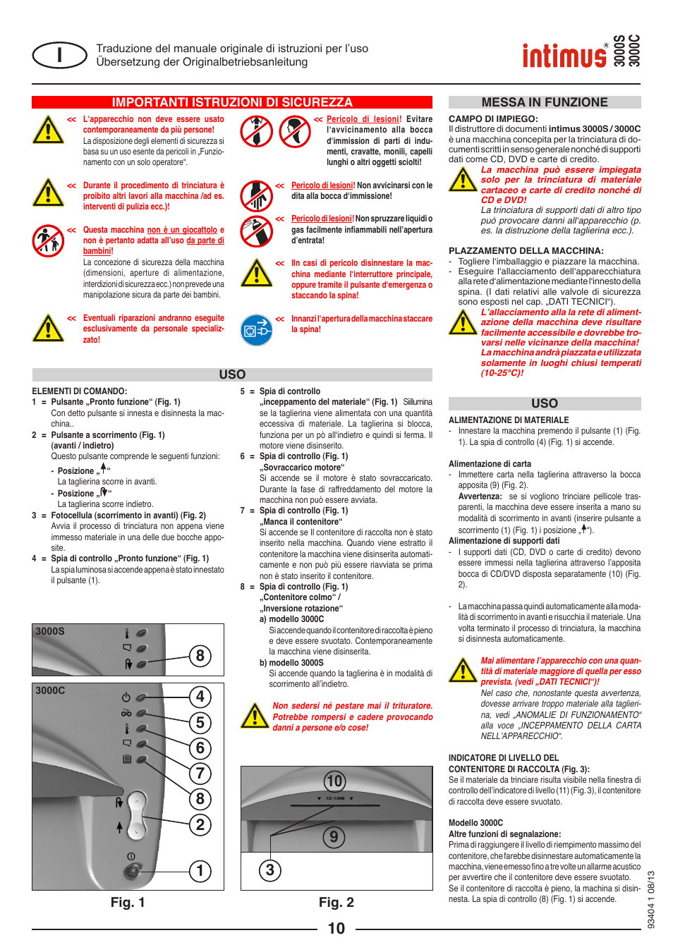 Fig. 1, Fig. 2, Importanti istruzioni di sicurezza | Messa in funzione uso uso | intimus 3000 C User Manual | Page 10 / 24