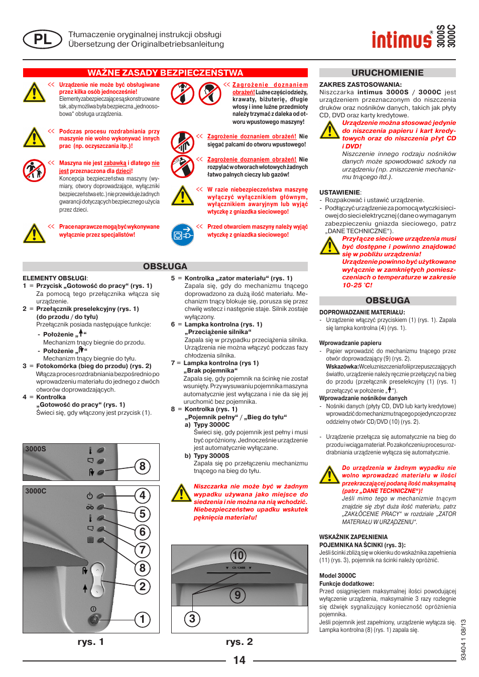 Rys. 1 rys. 2, Ważne zasady bezpieczeństwa, Obsługa | Obsługa uruchomienie | intimus 3000 C User Manual | Page 14 / 24