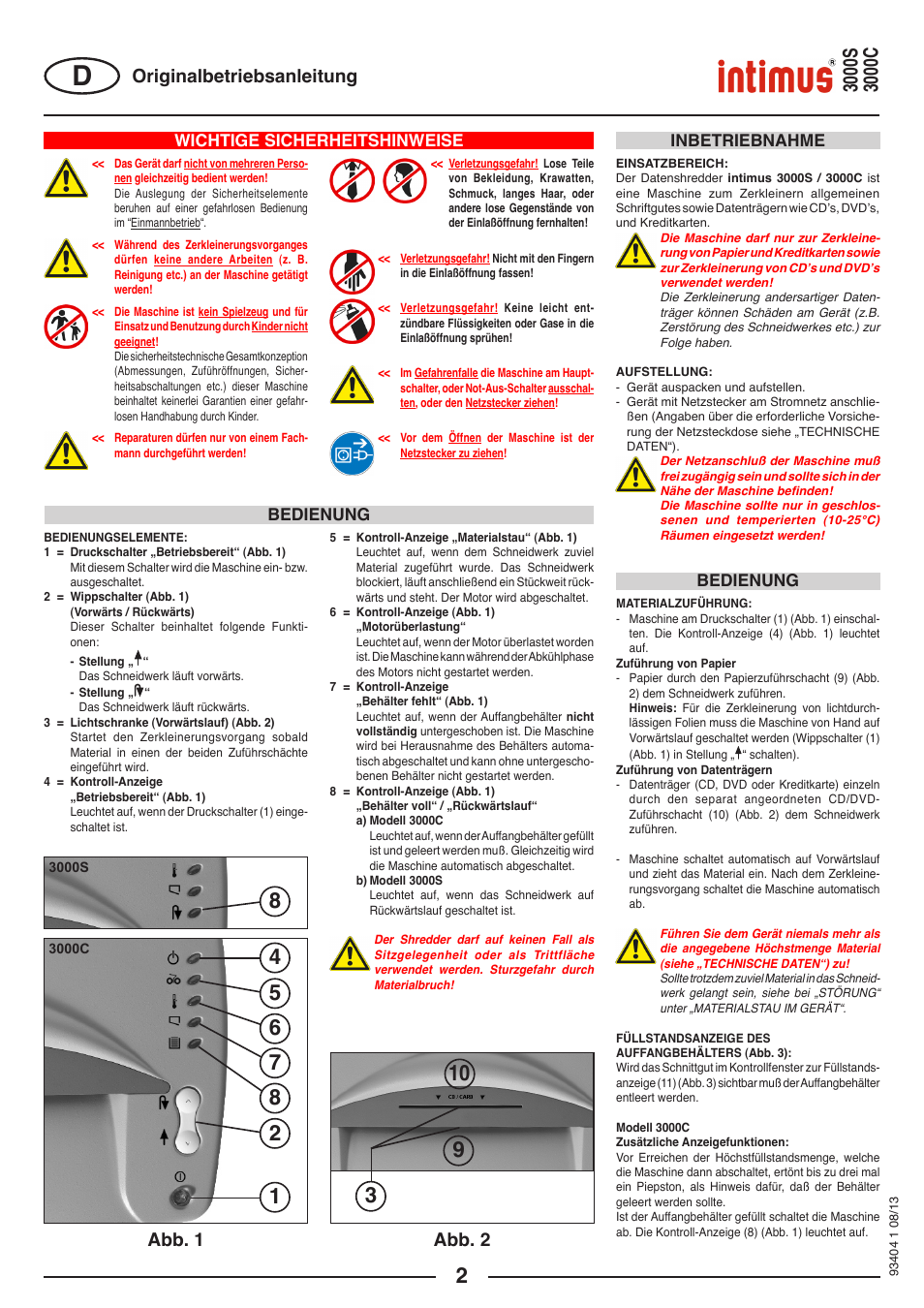 Originalbetriebsanleitung abb. 1 abb. 2, Wichtige sicherheitshinweise, Bedienung | Bedienung inbetriebnahme | intimus 3000 C User Manual | Page 2 / 24