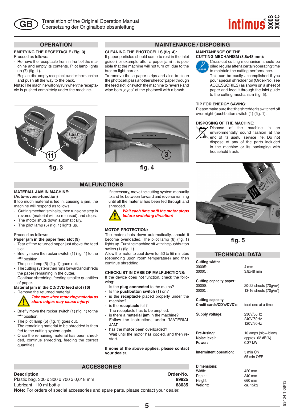 Fig. 5 fig. 4 fig. 3, Operation maintenance / disposing, Technical data malfunctions accessories | intimus 3000 C User Manual | Page 5 / 24