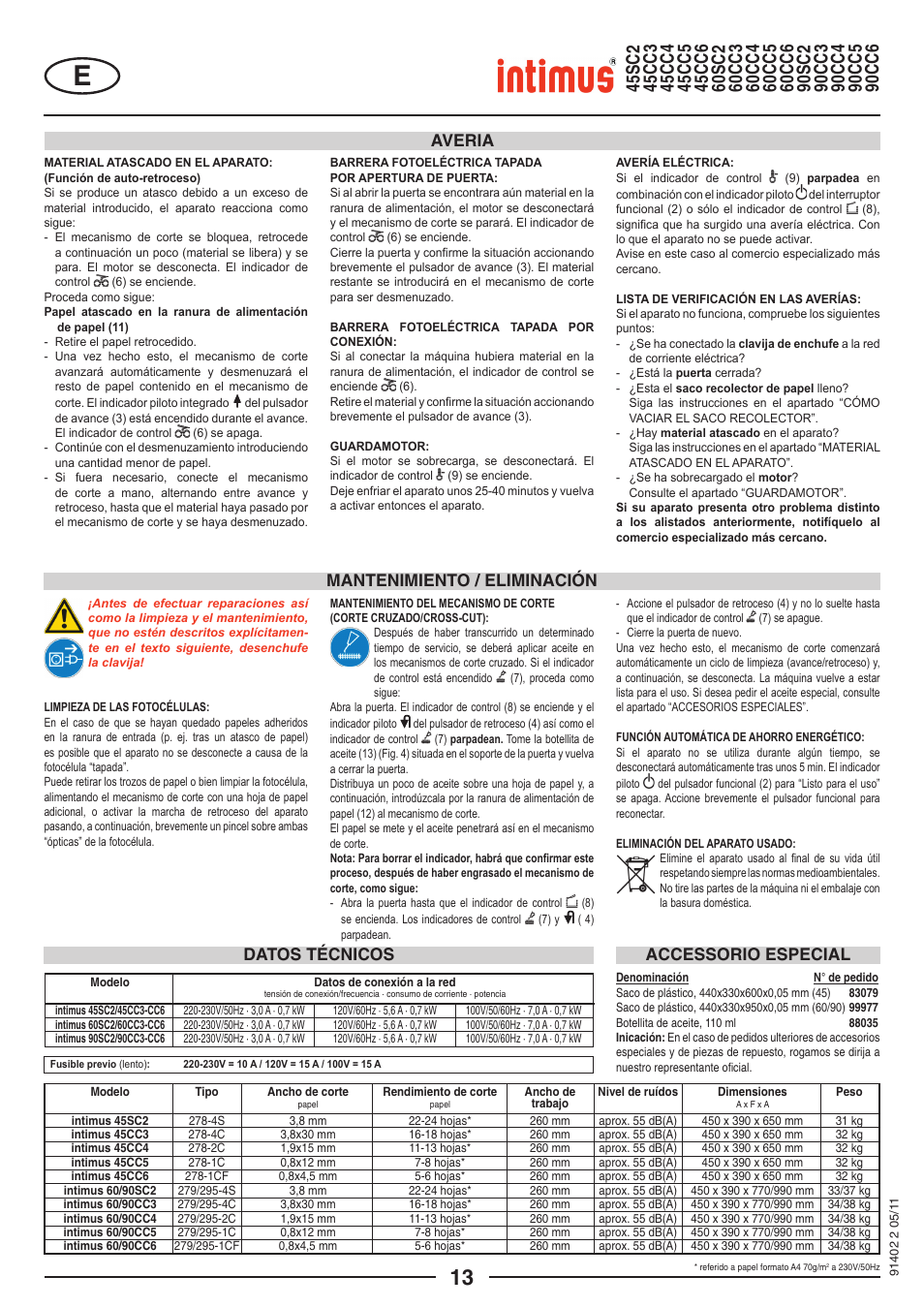 Mantenimiento / eliminación averia, Datos técnicos accessorio especial | intimus 90 CC5 User Manual | Page 13 / 20